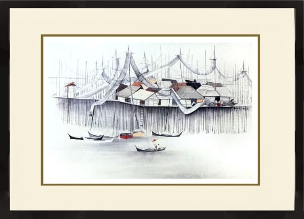 Tay bak koi singapore artist Landscape in Fantasy Idyllic Rural Life Scenes painting, Floating Village (S/N Limited Edition) fishing villages, kampung scenes and urban landscapes.